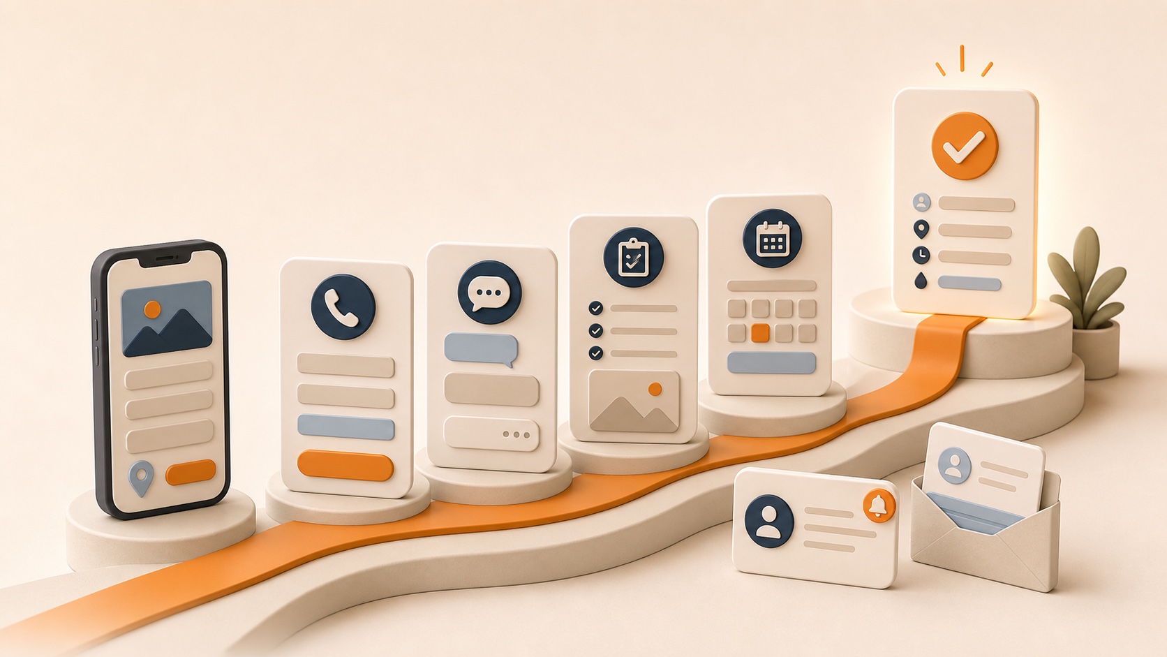 A warm 3D illustration of a phone, call and text cards, quote forms, booking prompts, and a confirmation card connected by an orange path