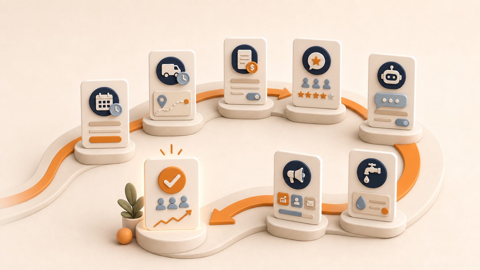 A warm 3D illustration of booking, ETA, invoice, payment, review, marketing, and AI follow-up cards connected by orange loop paths